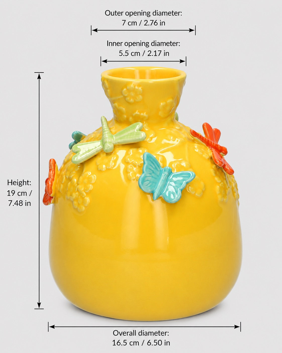 Wazon ceramiczny z motywem motyli żółty, 19 cm