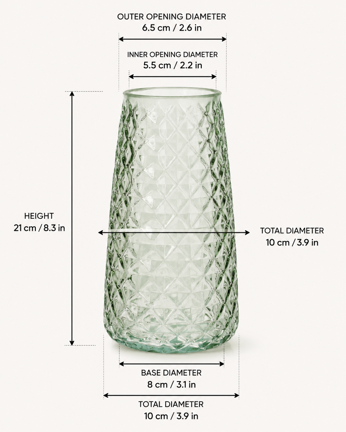 Szklany wazon dekoracyjny z diamentową strukturą, zielony transparentny 21 cm Vase Gemma