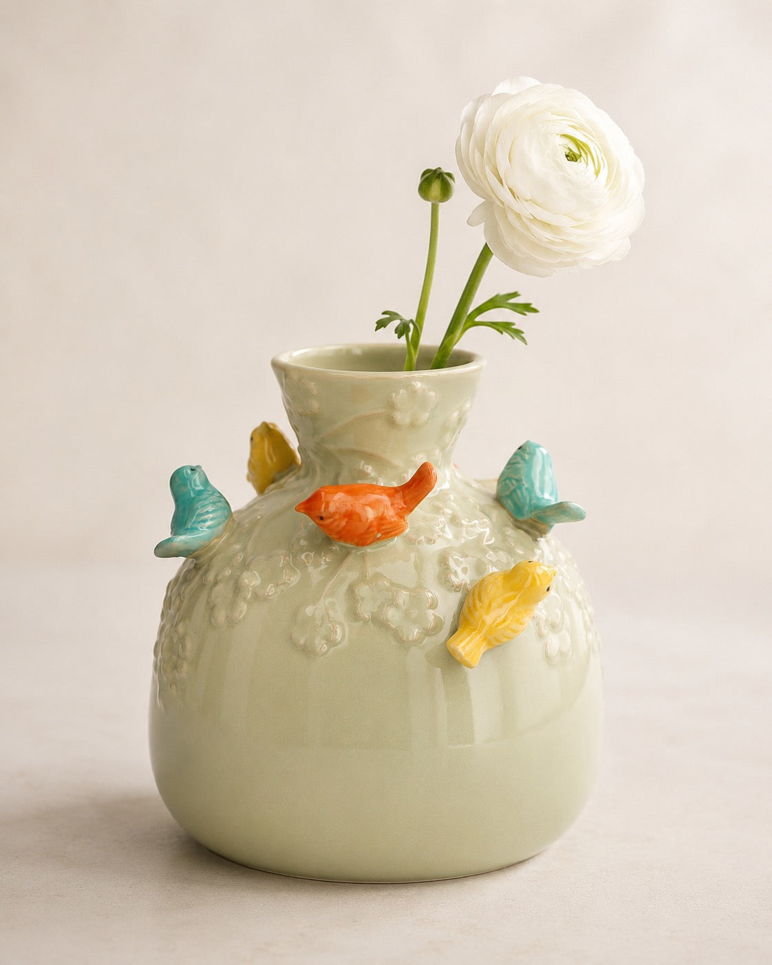 Wazon ceramiczny w kształcie butelki z motywem ptaków, kolor piaskowy-zielony, 19 cm