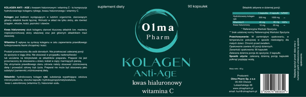Olma Pharm Kolagen Anti-Age z Kwasem Hialuronowym i witaminą C 90 kapsułek