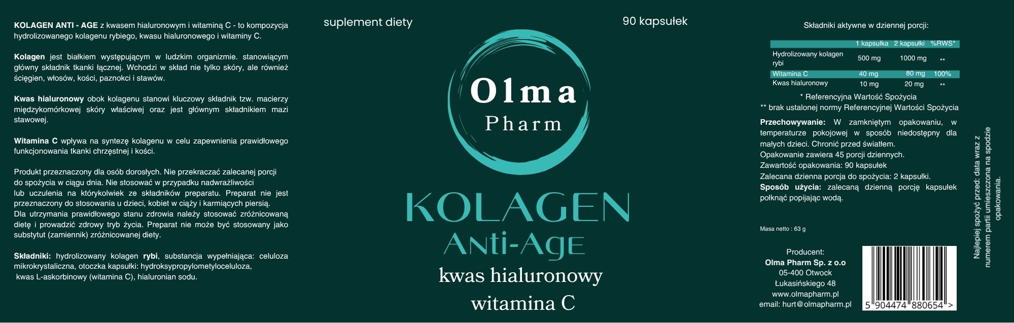 Olma Pharm Kolagen Anti-Age z Kwasem Hialuronowym i witaminą C 90 kapsułek