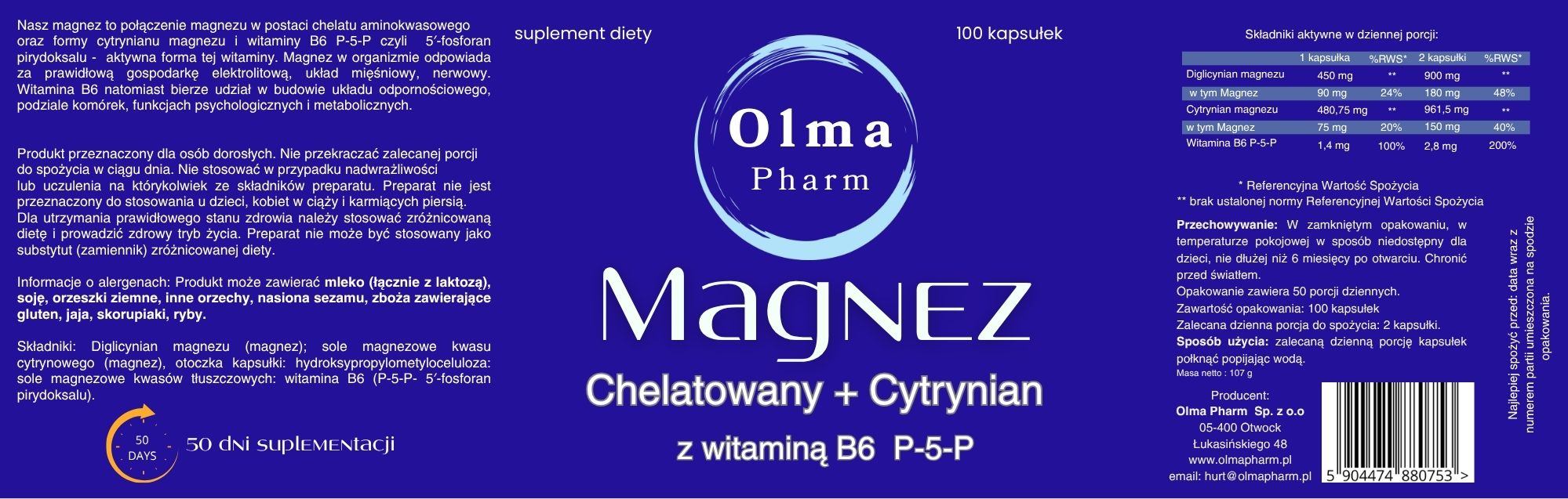 Olma Pharm Magnez chelatowany+cytrynian z witaminą B6 P-5-P 100 kapsułek