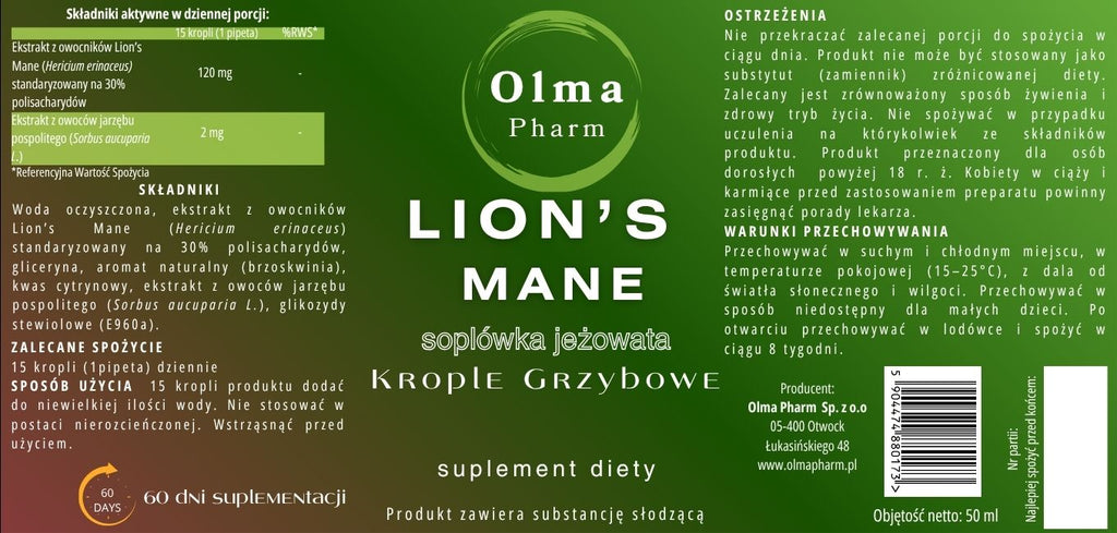 Olma Pharm LION'S MANE Krople Grzybowe 50 ml DER 5:1
