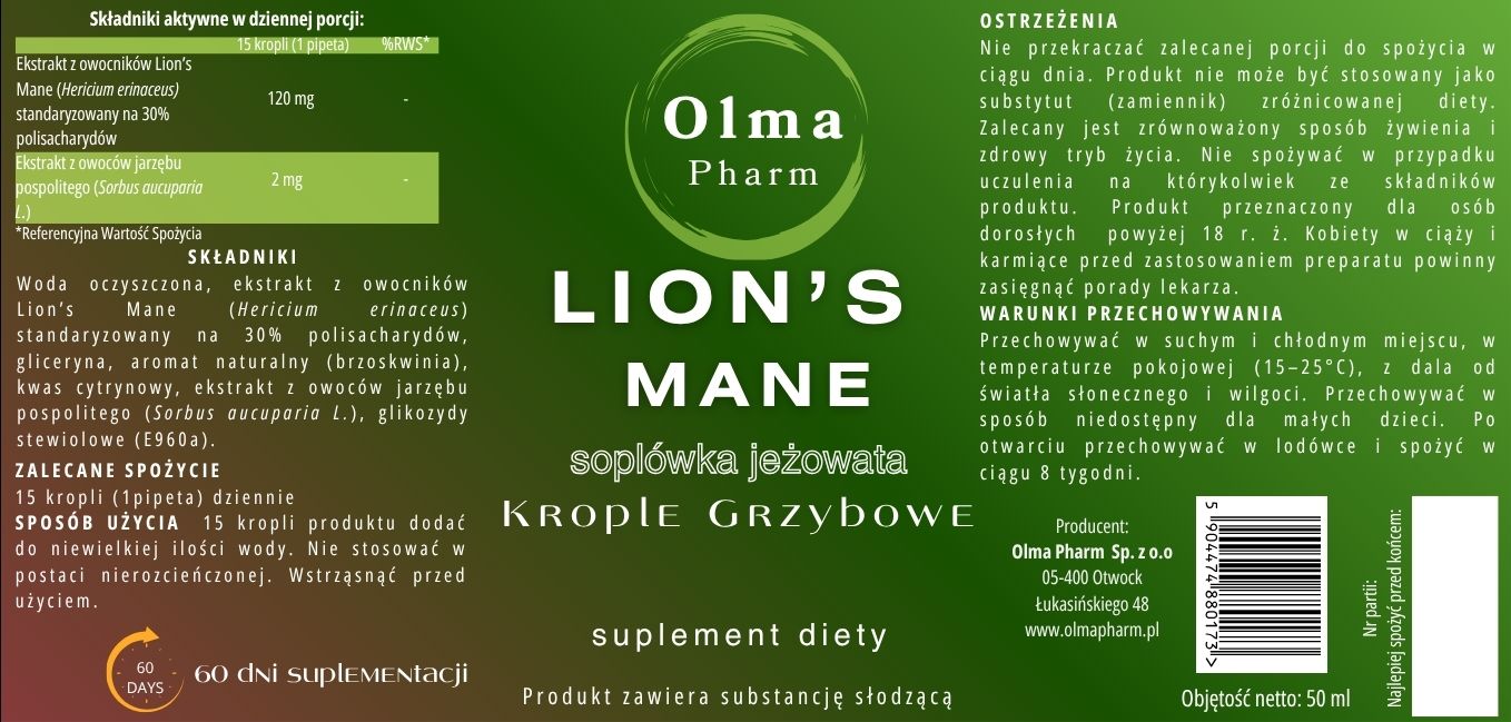 Olma Pharm LION'S MANE Krople Grzybowe 50 ml DER 5:1