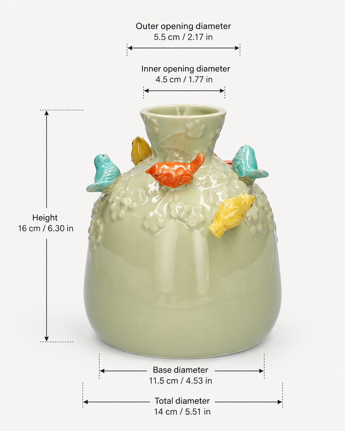 Wazon ceramiczny w kształcie butelki z motywem ptaków, kolor piaskowy-zielony, 16 cm