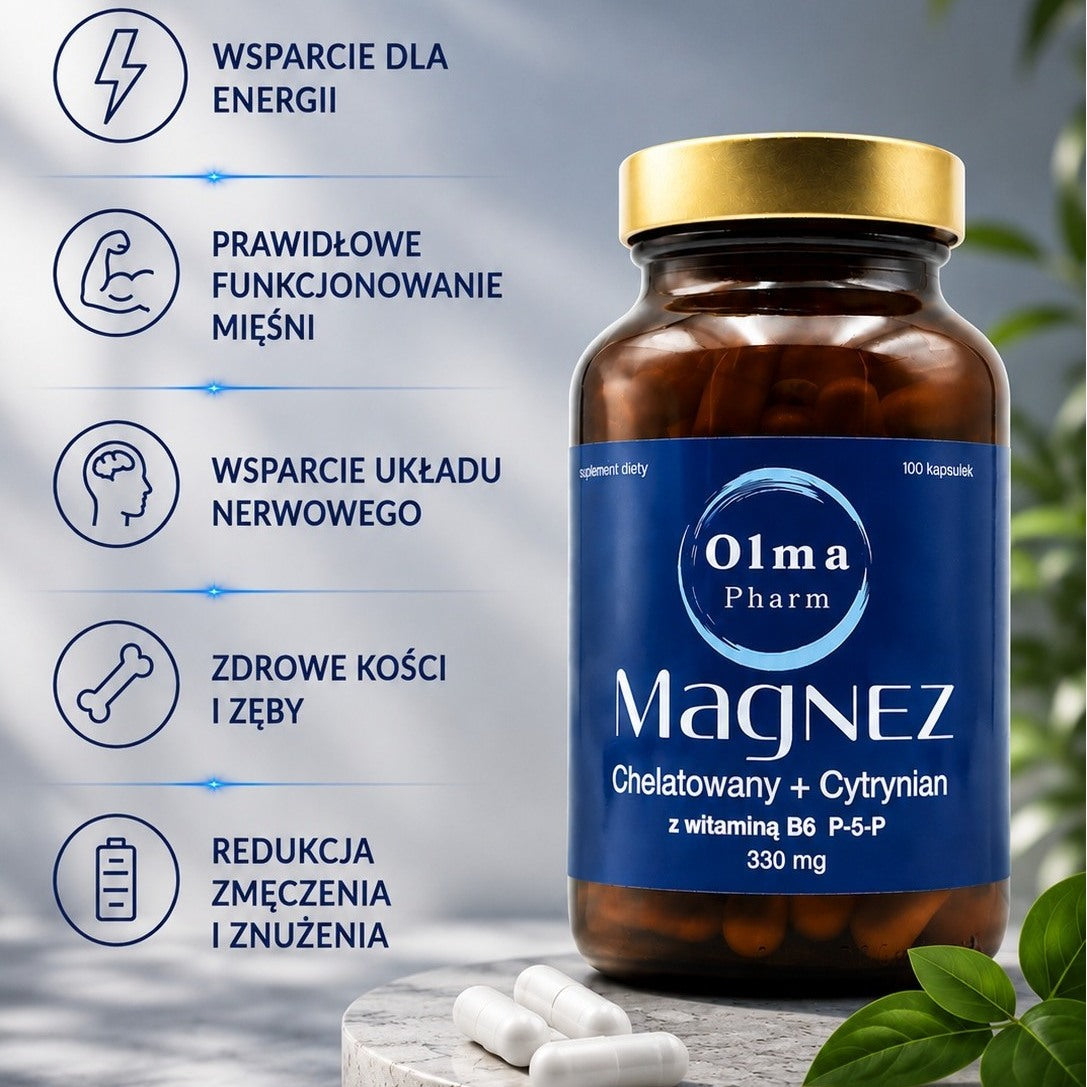 Olma Pharm Magnez chelatowany+cytrynian z witaminą B6 P-5-P 100 kapsułek
