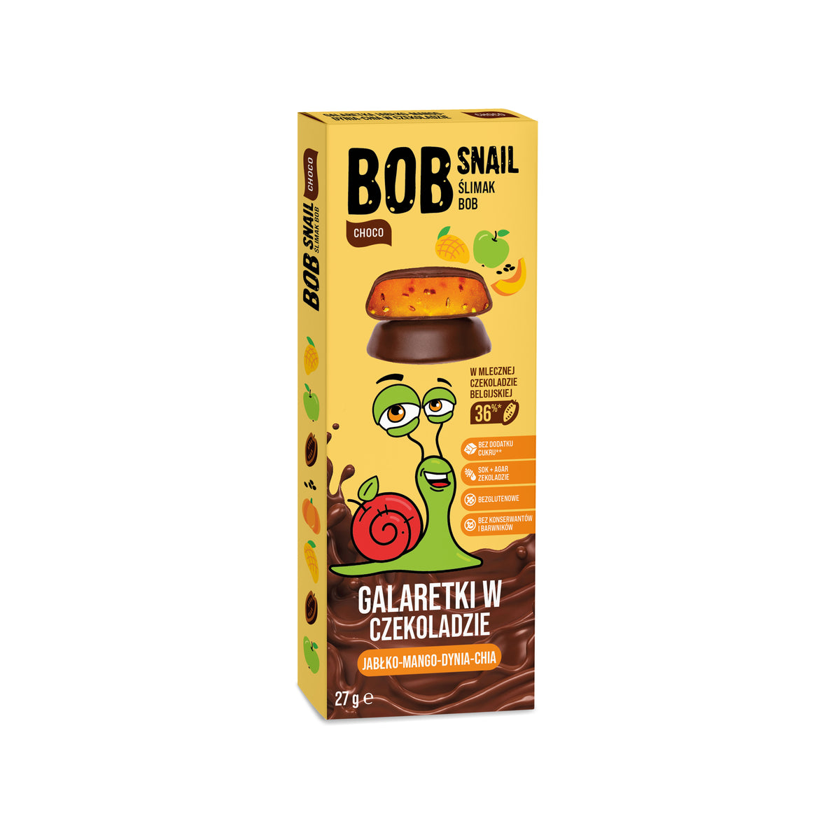 Bob Snail Galaretka Galaretka Jabłko Mango Dynia Chia w Belgijskiej mlecznej czekoladzie 27g
