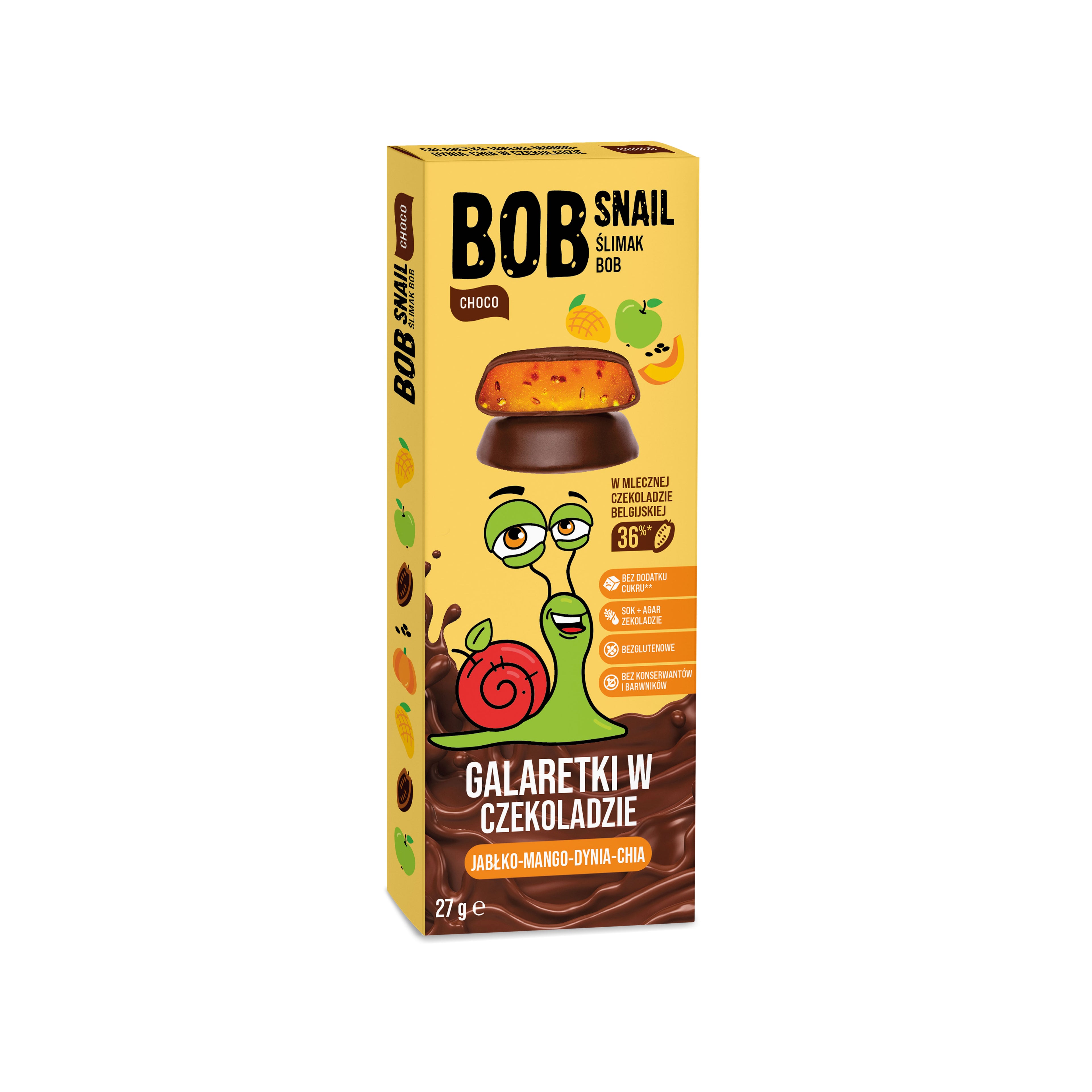 Bob Snail Galaretka Galaretka Jabłko Mango Dynia Chia w Belgijskiej mlecznej czekoladzie 27g