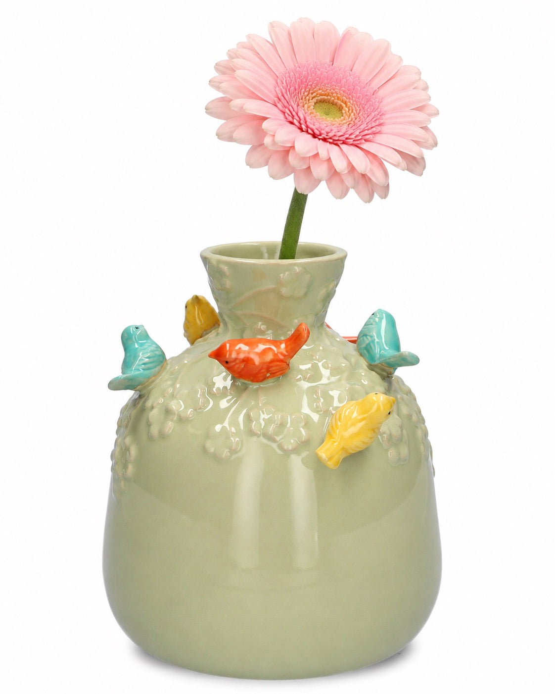 Wazon ceramiczny w kształcie butelki z motywem ptaków, kolor piaskowy-zielony, 16 cm