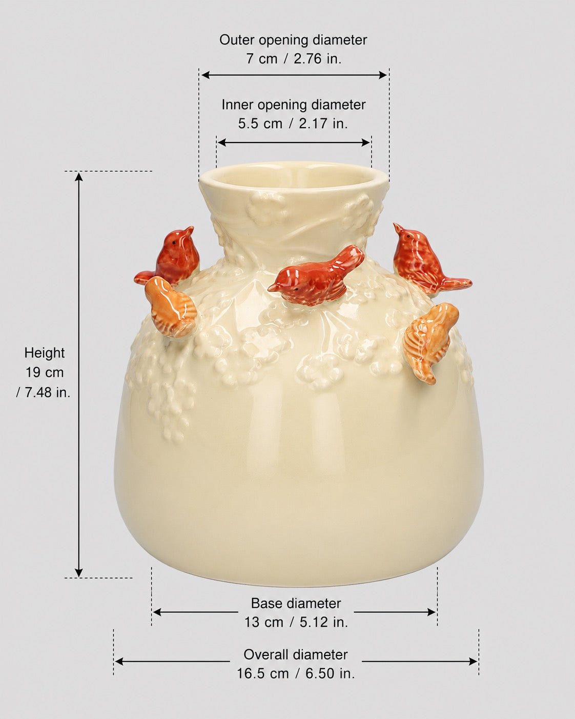 Wazon ceramiczny w kształcie butelki z motywem ptaków, kolor piaskowy, 19 cm