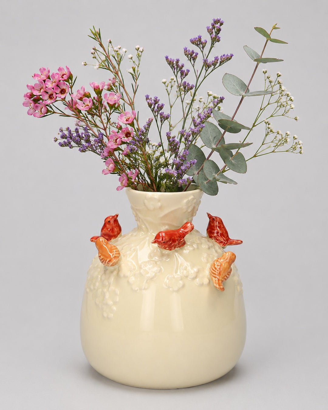 Wazon ceramiczny w kształcie butelki z motywem ptaków, kolor piaskowy, 16 cm