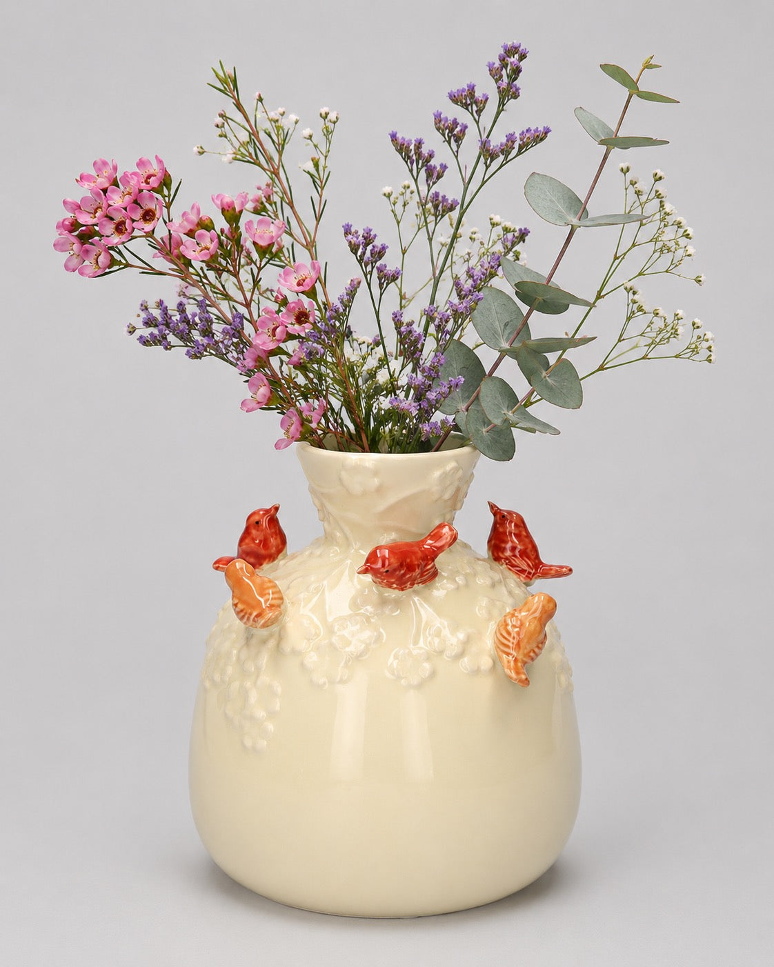 Wazon ceramiczny w kształcie butelki z motywem ptaków, kolor piaskowy, 16 cm