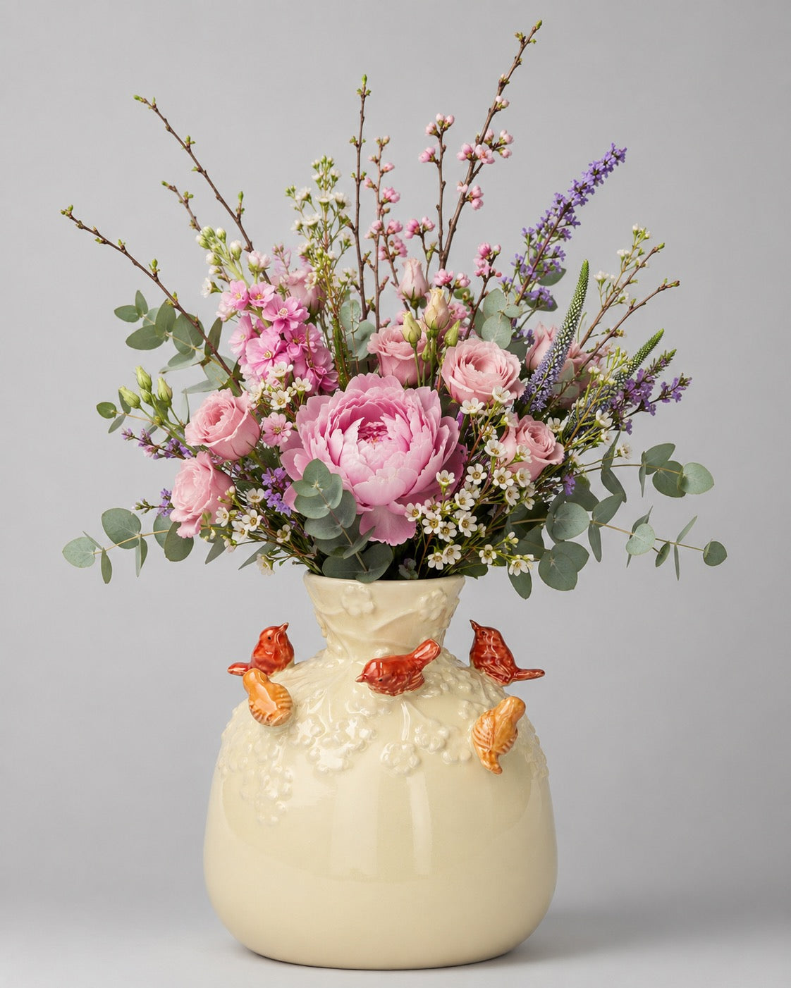 Wazon ceramiczny w kształcie butelki z motywem ptaków, kolor piaskowy, 19 cm