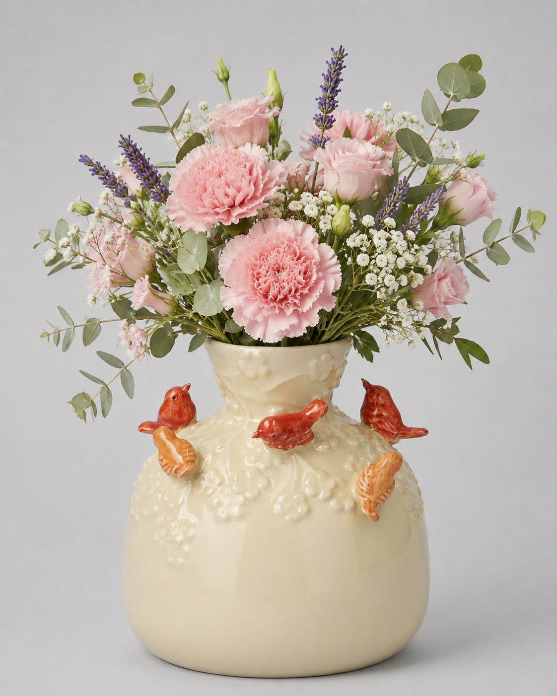 Wazon ceramiczny w kształcie butelki z motywem ptaków, kolor piaskowy, 22.5 cm