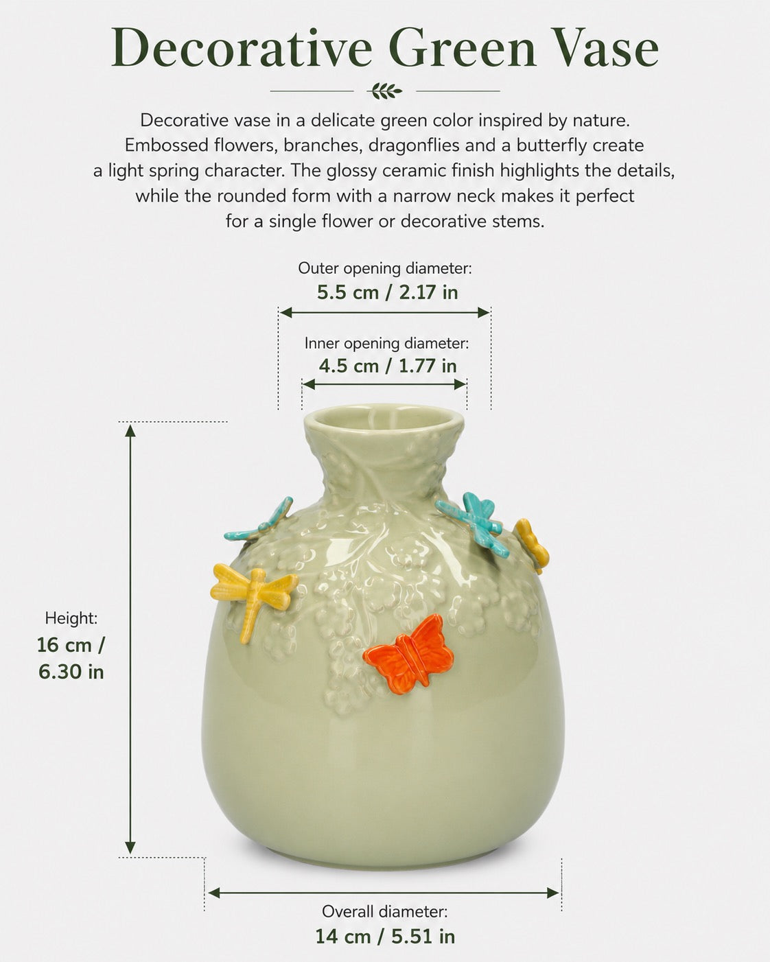 Wazon ceramiczny w kształcie butelki z motywem motyli, kolor piaskowy-zielony, 16 cm